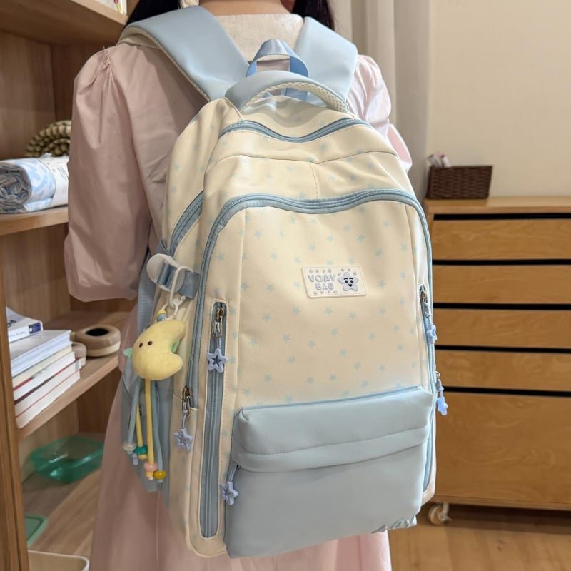 Dicarlo rucsac școlar ușor, cu mai multe compartimente, într-o nuanță albastru lăptos cu finisaj sărat, model geometric, compartiment pentru laptop de 10 inch