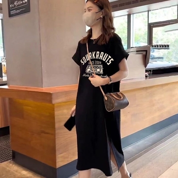 Női pamut rövid ujjú T‑shirt ruha, koreai stílus, laza szabás, fodros ujjak és oldalsó hasíték, hosszú ruha