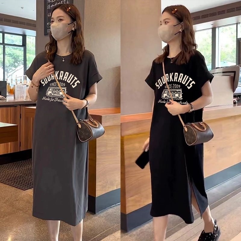 Női pamut rövid ujjú T‑shirt ruha, koreai stílus, laza szabás, fodros ujjak és oldalsó hasíték, hosszú ruha