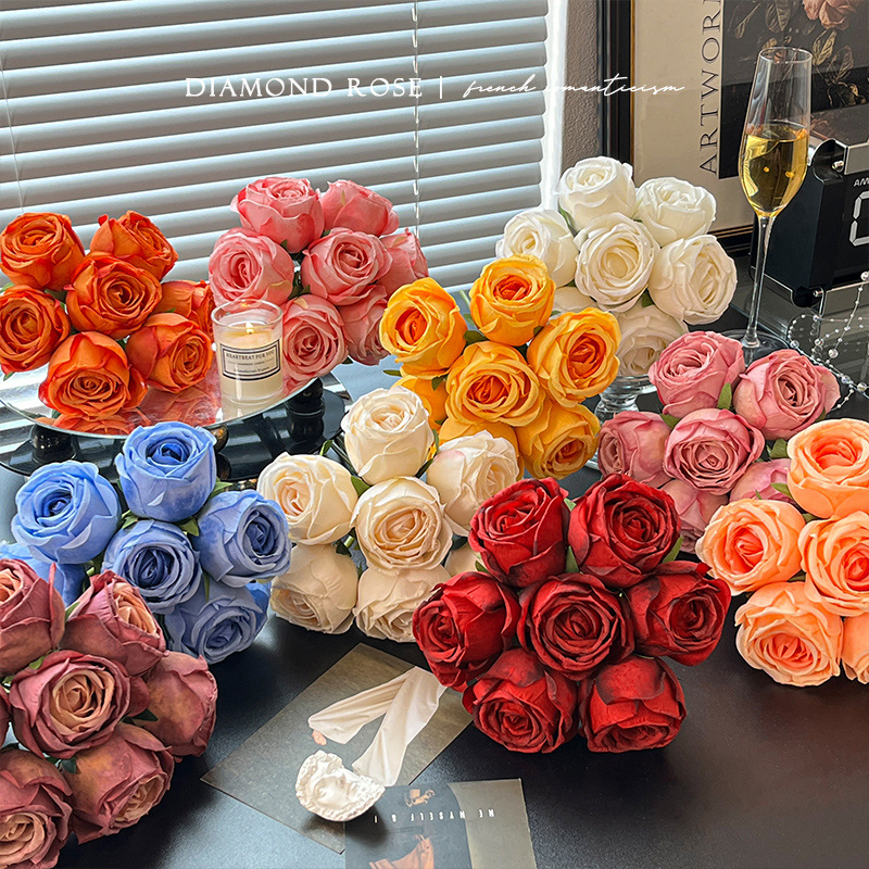 Monet kert-stílusú égetett élű gyémánt rózsa művirágok, otthoni dekorációhoz, kézben tartható csokrokhoz, esküvői díszítéshez
