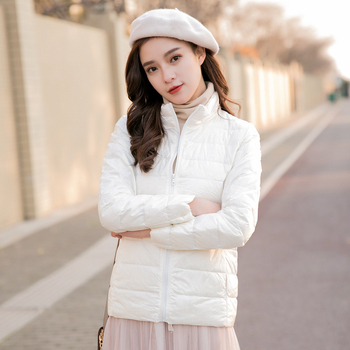Női könnyű pehelydzseki álló gallérral, koreai stílusú casual, plusz méret, rövid kapucnis kabát