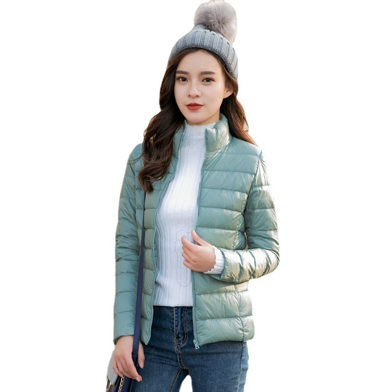 Női könnyű pehelydzseki álló gallérral, koreai stílusú casual, plusz méret, rövid kapucnis kabát