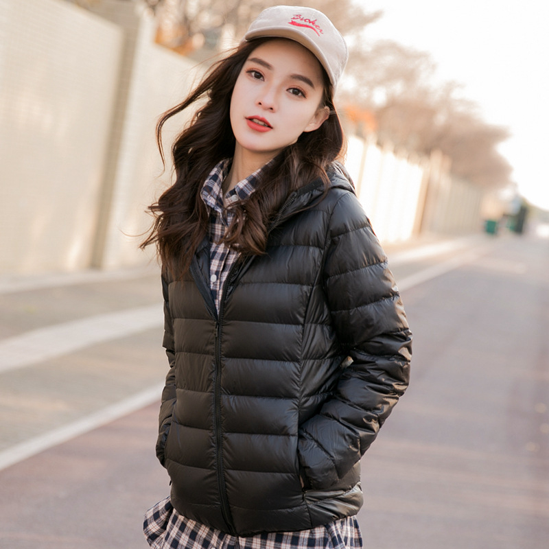 Női könnyű pehelydzseki álló gallérral, koreai stílusú casual, plusz méret, rövid kapucnis kabát
