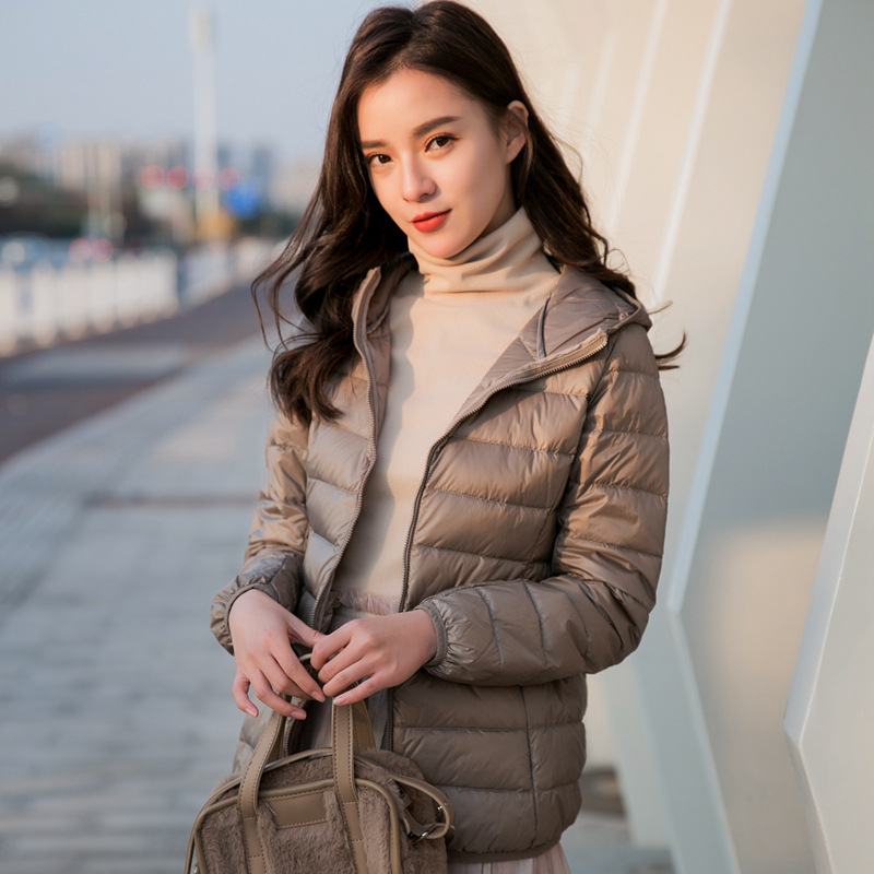 Női könnyű pehelydzseki álló gallérral, koreai stílusú casual, plusz méret, rövid kapucnis kabát