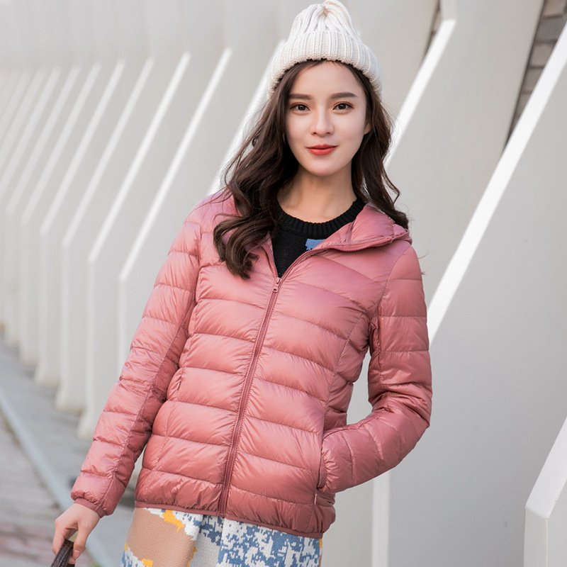 Női könnyű pehelydzseki álló gallérral, koreai stílusú casual, plusz méret, rövid kapucnis kabát