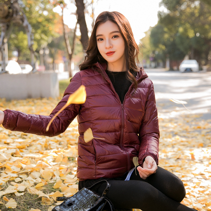 Női könnyű pehelydzseki álló gallérral, koreai stílusú casual, plusz méret, rövid kapucnis kabát
