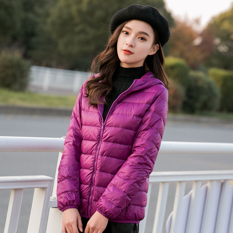 Női könnyű pehelydzseki álló gallérral, koreai stílusú casual, plusz méret, rövid kapucnis kabát