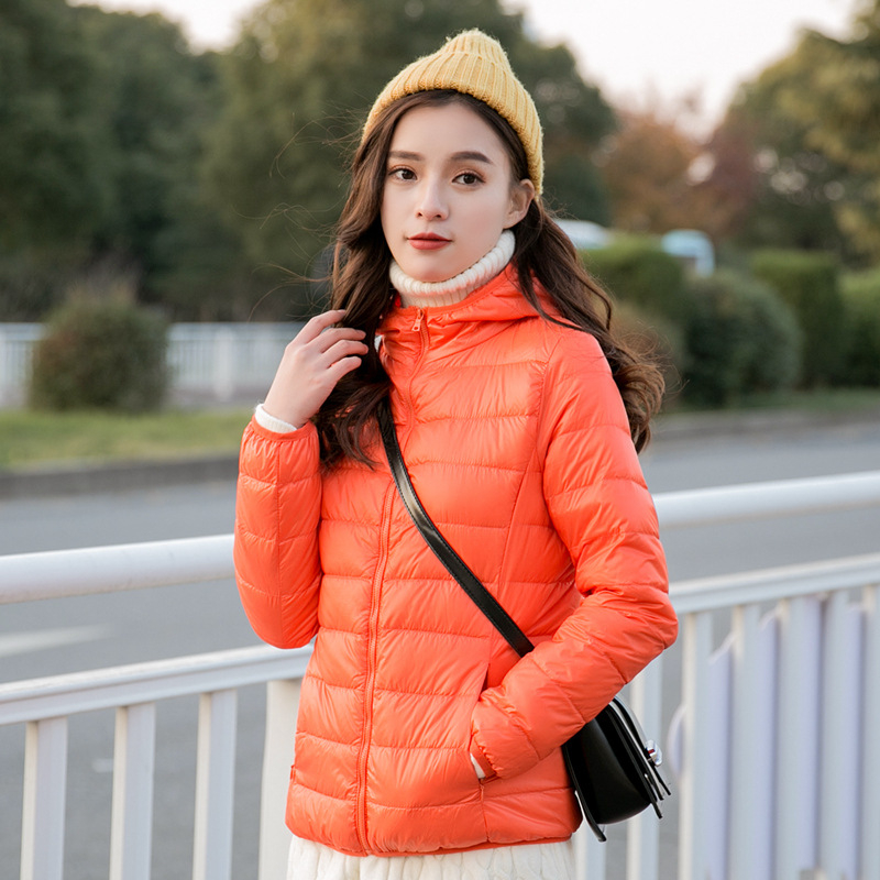 Női könnyű pehelydzseki álló gallérral, koreai stílusú casual, plusz méret, rövid kapucnis kabát