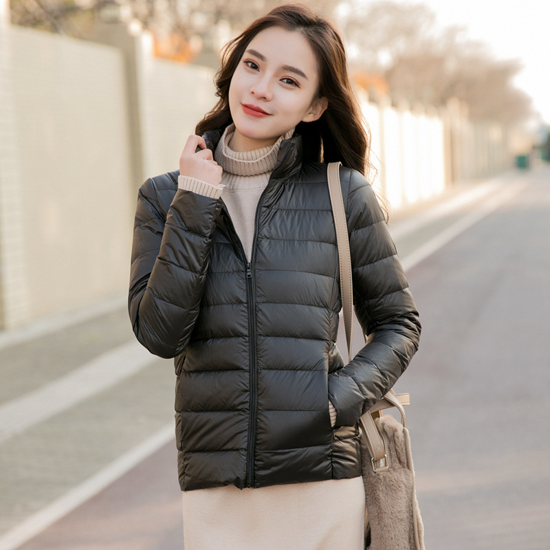Női könnyű pehelydzseki álló gallérral, koreai stílusú casual, plusz méret, rövid kapucnis kabát
