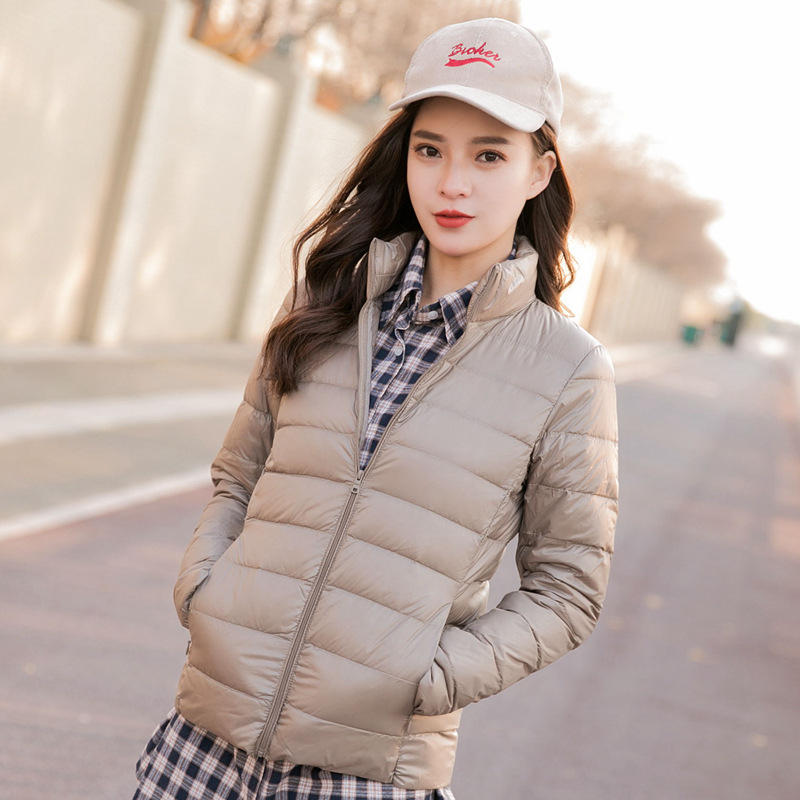 Női könnyű pehelydzseki álló gallérral, koreai stílusú casual, plusz méret, rövid kapucnis kabát