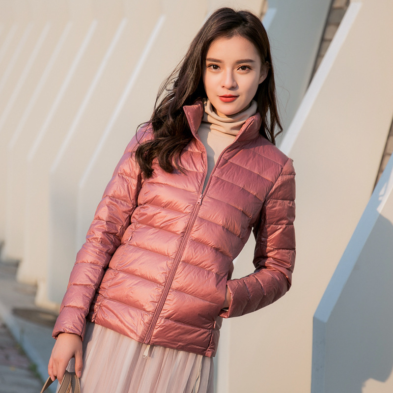 Női könnyű pehelydzseki álló gallérral, koreai stílusú casual, plusz méret, rövid kapucnis kabát