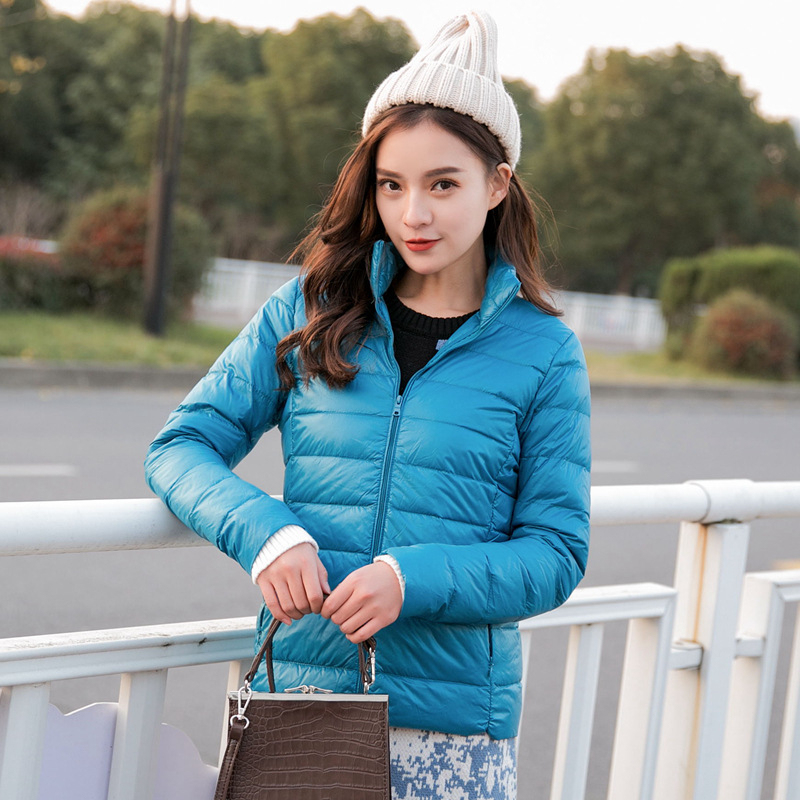 Női könnyű pehelydzseki álló gallérral, koreai stílusú casual, plusz méret, rövid kapucnis kabát