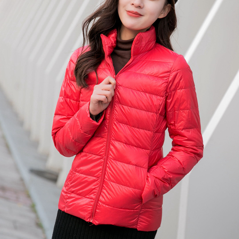 Női könnyű pehelydzseki álló gallérral, koreai stílusú casual, plusz méret, rövid kapucnis kabát