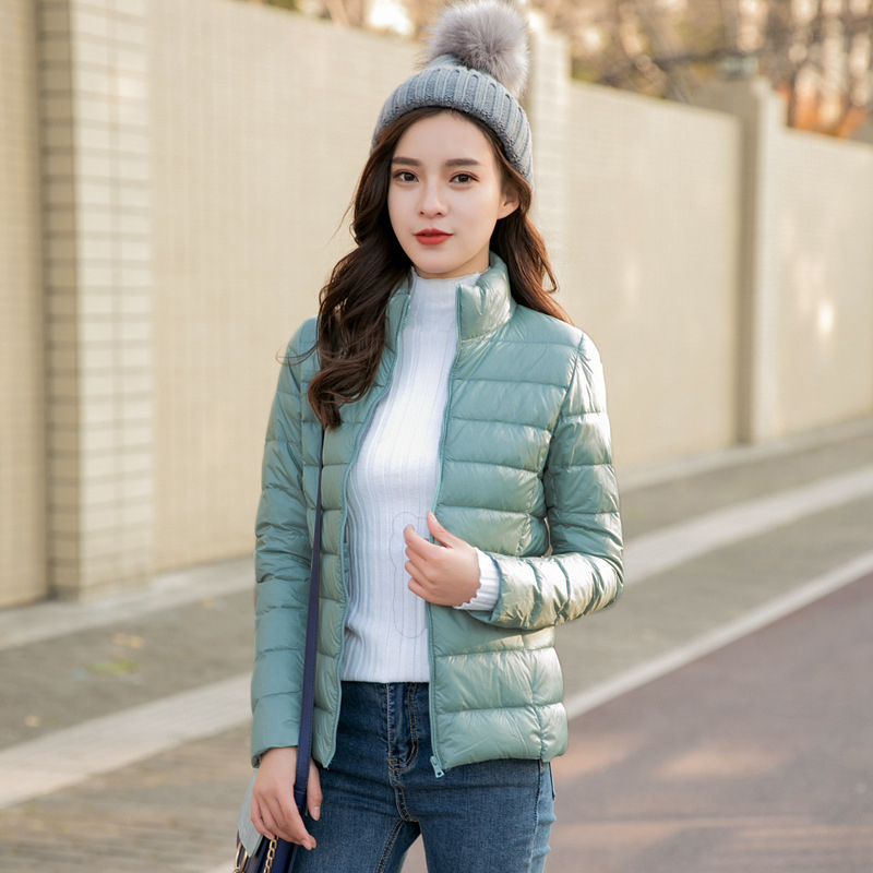 Női könnyű pehelydzseki álló gallérral, koreai stílusú casual, plusz méret, rövid kapucnis kabát