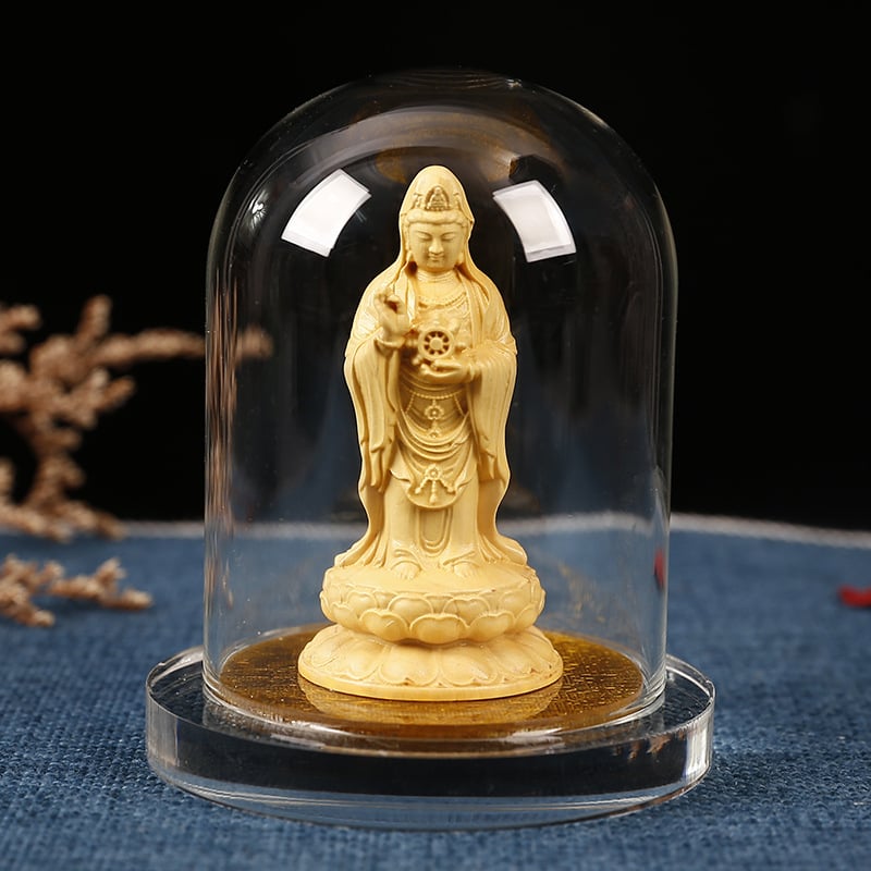Ξύλινο αυτοκίνητο διακοσμητικό με Guanyin και Guan Gong, διαφανής ακρυλική θήκη