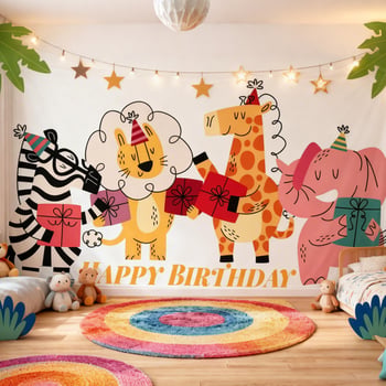 Bankett- és party dekorációs gobelin, függő hátteret alkotó textil, erdő témájú, egyszerű születésnapi háttér, több szín és különböző stílusok, kempingezéshez való függő anyag