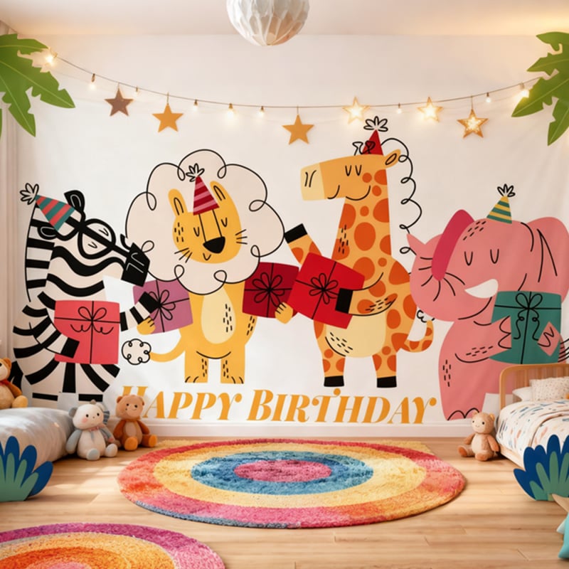 Bankett- és party dekorációs gobelin, függő hátteret alkotó textil, erdő témájú, egyszerű születésnapi háttér, több szín és különböző stílusok, kempingezéshez való függő anyag
