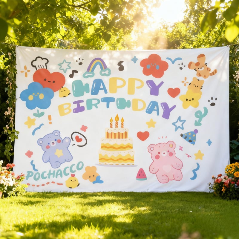 Bankett- és party dekorációs gobelin, függő hátteret alkotó textil, erdő témájú, egyszerű születésnapi háttér, több szín és különböző stílusok, kempingezéshez való függő anyag
