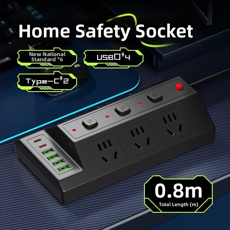 Мултифункционална USB разклонителна лента с 4 USB порта и 2 Type-C порта, настолен удължител за дома и офиса