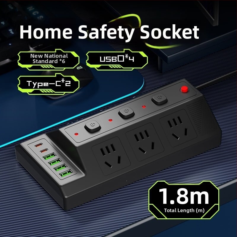 Мултифункционална USB разклонителна лента с 4 USB порта и 2 Type-C порта, настолен удължител за дома и офиса