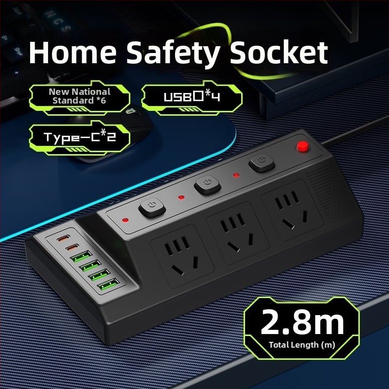 Мултифункционална USB разклонителна лента с 4 USB порта и 2 Type-C порта, настолен удължител за дома и офиса