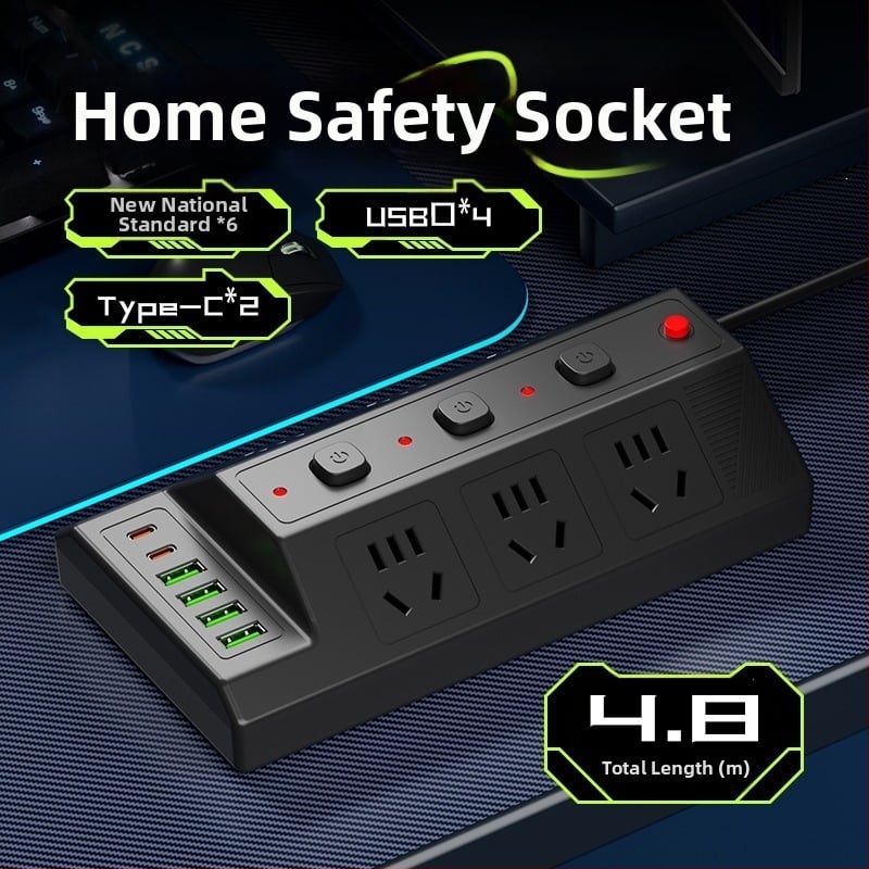 Мултифункционална USB разклонителна лента с 4 USB порта и 2 Type-C порта, настолен удължител за дома и офиса