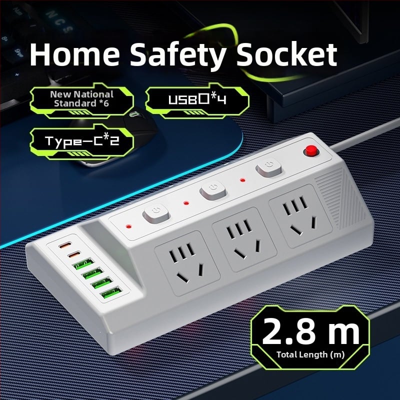 Мултифункционална USB разклонителна лента с 4 USB порта и 2 Type-C порта, настолен удължител за дома и офиса