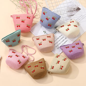 Geantă de paie țesută pentru vară, pentru fete, cu model floral, geantă crossbody pentru copii