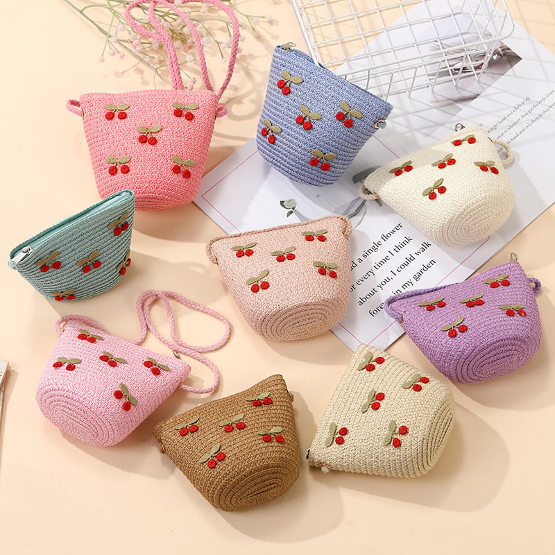 Geantă de paie țesută pentru vară, pentru fete, cu model floral, geantă crossbody pentru copii