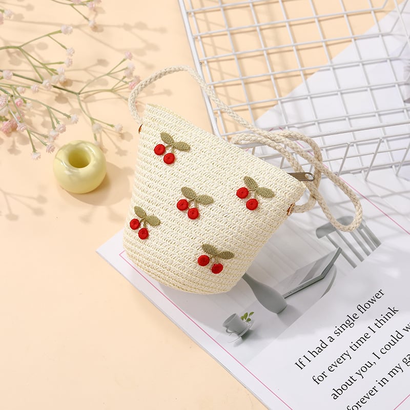 Geantă de paie țesută pentru vară, pentru fete, cu model floral, geantă crossbody pentru copii