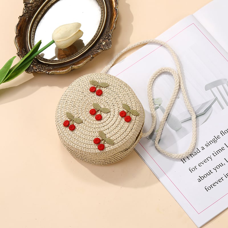 Geantă de paie țesută pentru vară, pentru fete, cu model floral, geantă crossbody pentru copii