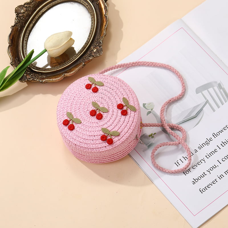 Geantă de paie țesută pentru vară, pentru fete, cu model floral, geantă crossbody pentru copii