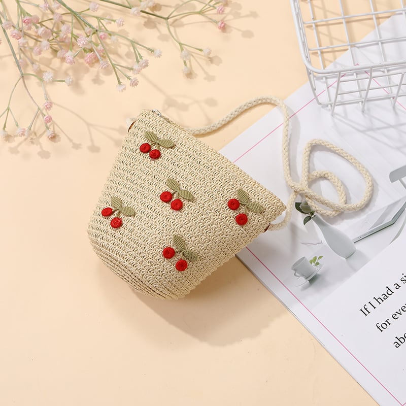 Geantă de paie țesută pentru vară, pentru fete, cu model floral, geantă crossbody pentru copii
