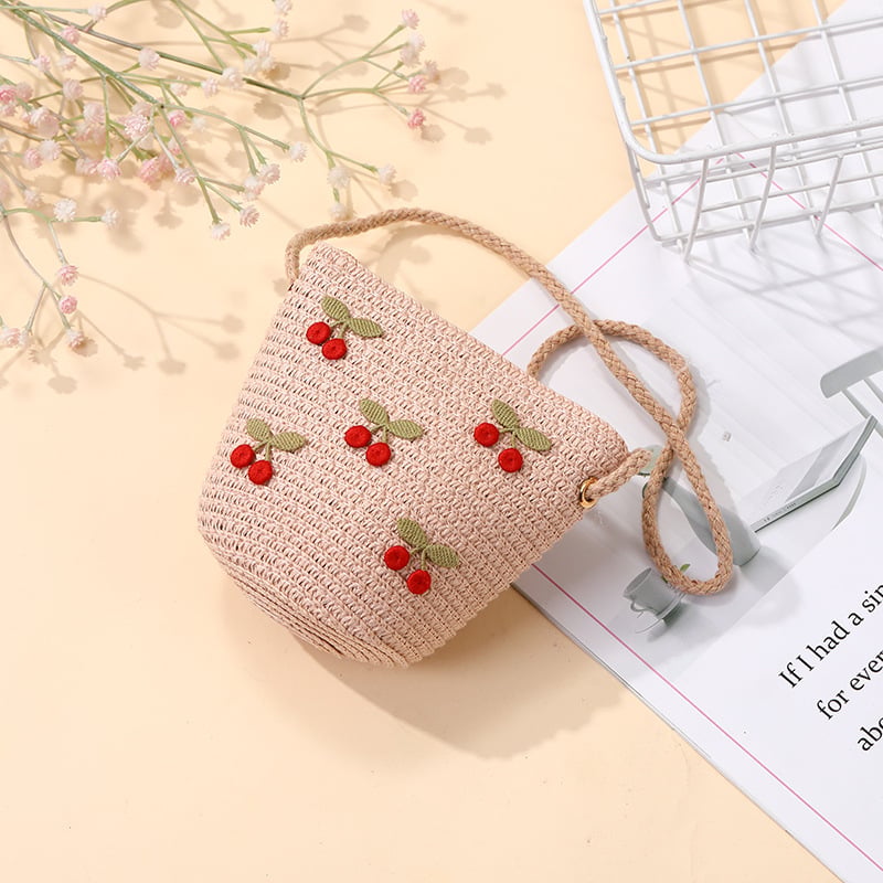 Geantă de paie țesută pentru vară, pentru fete, cu model floral, geantă crossbody pentru copii