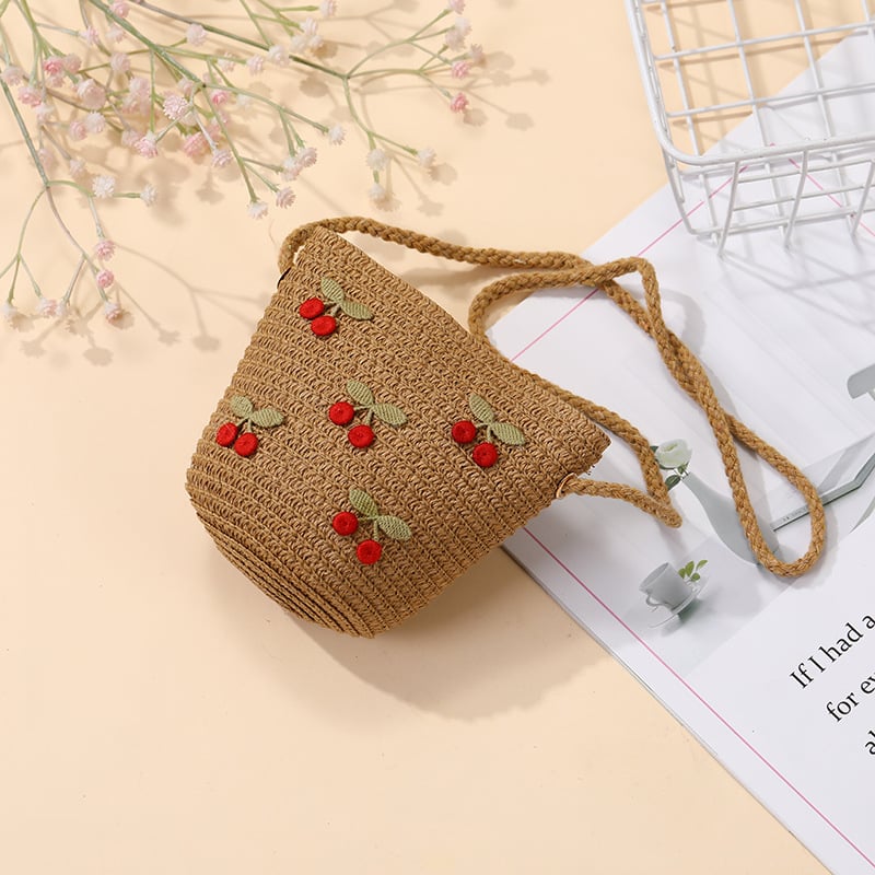 Geantă de paie țesută pentru vară, pentru fete, cu model floral, geantă crossbody pentru copii