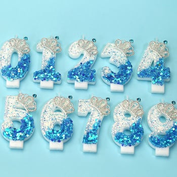 Kék korona-diamanta gyertya készlet DIY születésnapi torta dekorációhoz, számok 0–9