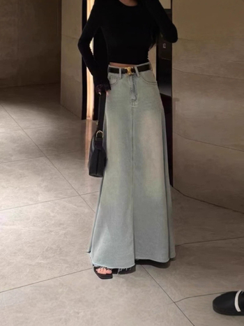 Koreai stílusú magas derekú hosszú denim szoknya, A-vonalú, lágy esésű, elegáns minimalista kialakítás, 2026-os új modell
