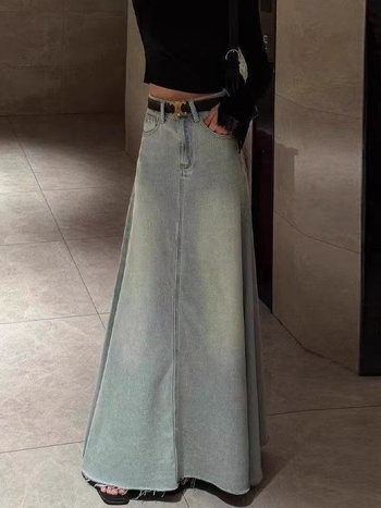 Koreai stílusú magas derekú hosszú denim szoknya, A-vonalú, lágy esésű, elegáns minimalista kialakítás, 2026-os új modell