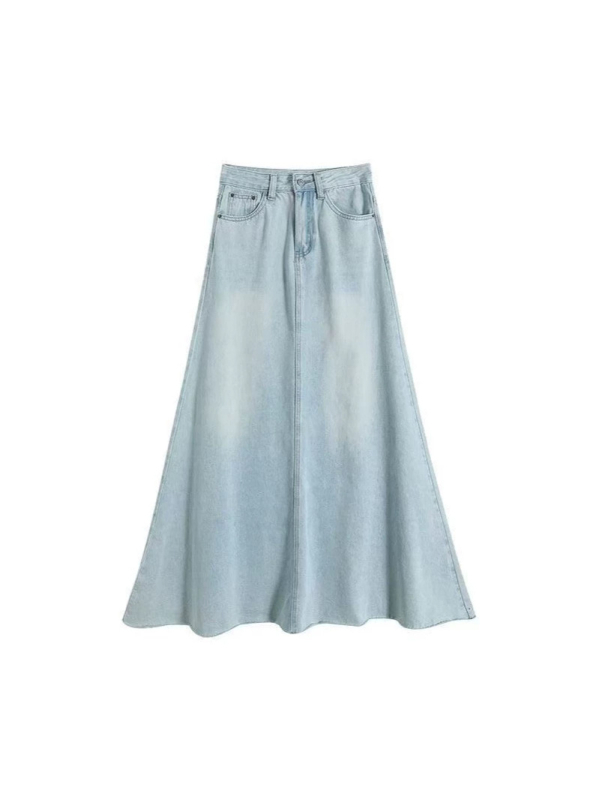 Koreai stílusú magas derekú hosszú denim szoknya, A-vonalú, lágy esésű, elegáns minimalista kialakítás, 2026-os új modell
