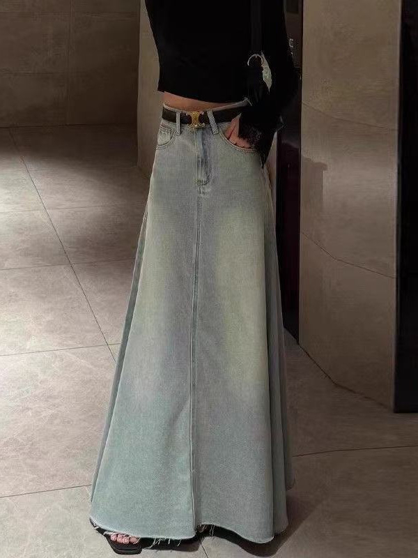 Koreai stílusú magas derekú hosszú denim szoknya, A-vonalú, lágy esésű, elegáns minimalista kialakítás, 2026-os új modell