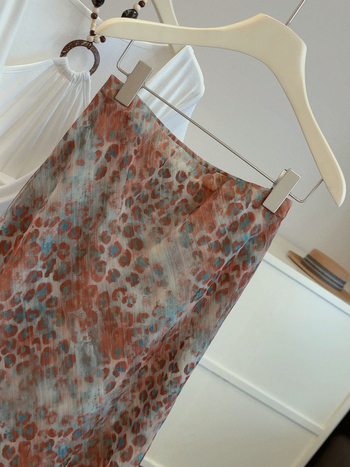 Magas minőségű vintage hosszú szoknya aranyszálas leopard mintával, A-line, drapírozott