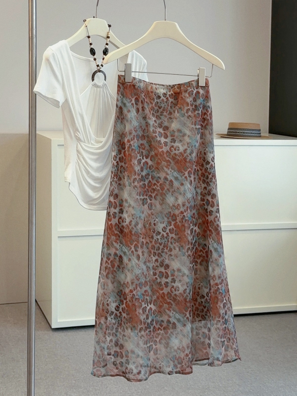 Magas minőségű vintage hosszú szoknya aranyszálas leopard mintával, A-line, drapírozott
