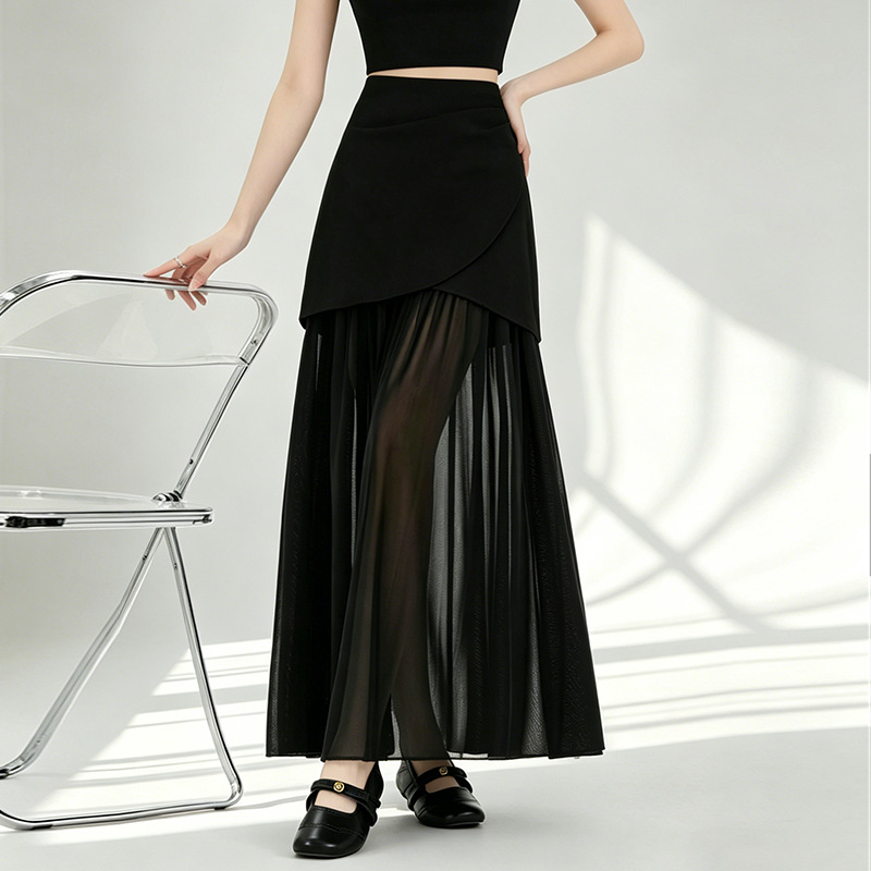 Chiffon midi szoknya, magas derekú, folyóvonalú A-vonal, elegáns, hétköznapi nyár 2026