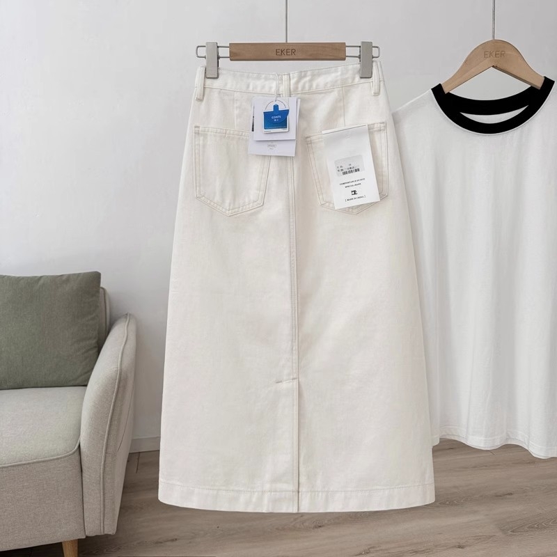 Női midi denim szoknya, magas derekú, laza szabás, hátul nyílás, 100% pamut