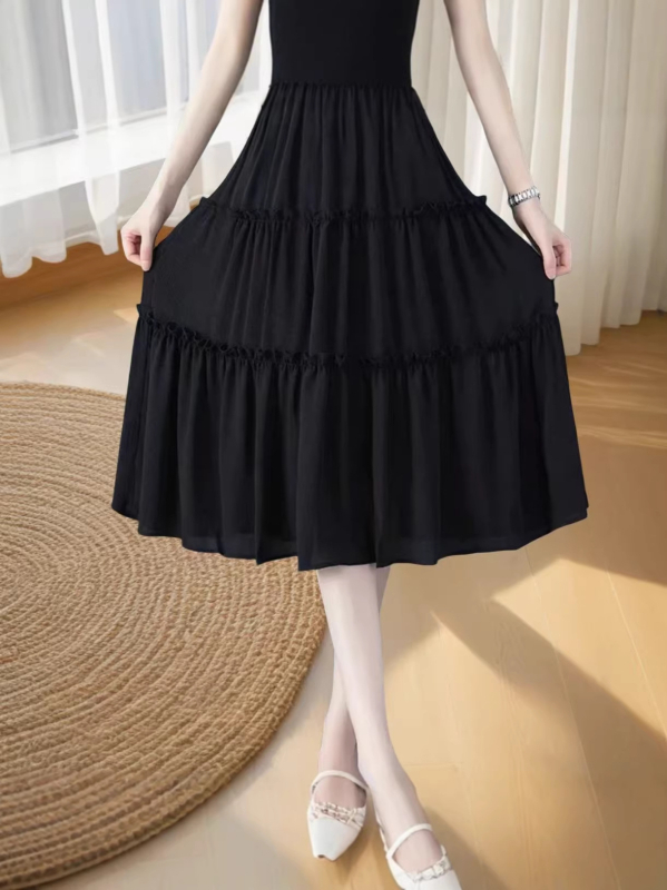 Magas minőségű chiffon midi szoknya elasztikus derékkal, 2026 nyár, karcsú szabás, A-vonalú