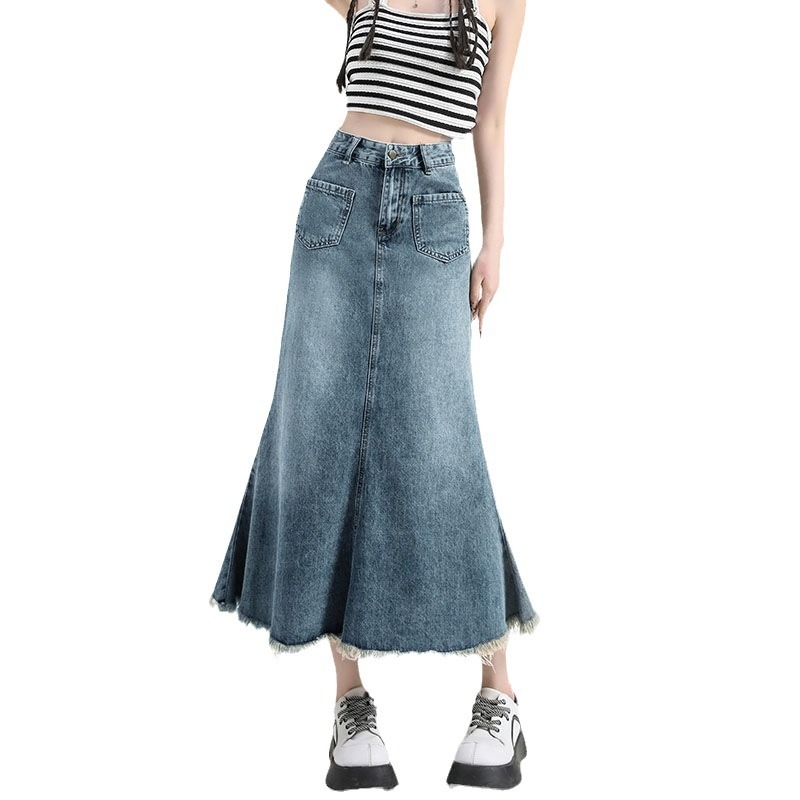 Prémium denim halcsont szoknya, magas derekú, hosszú, kék, retró stílus drapált