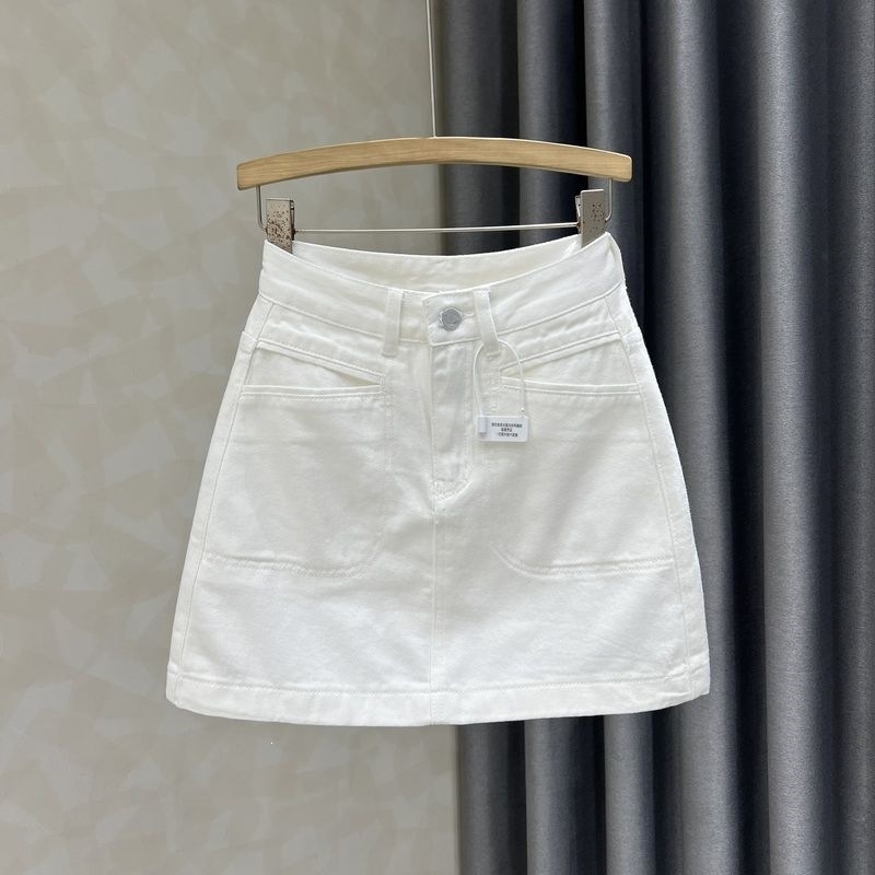 Fehér nyári denim szoknya magas derekú kis méretű nőknek, koreai stílus, karcsúsító, A-vonalú, bodycon