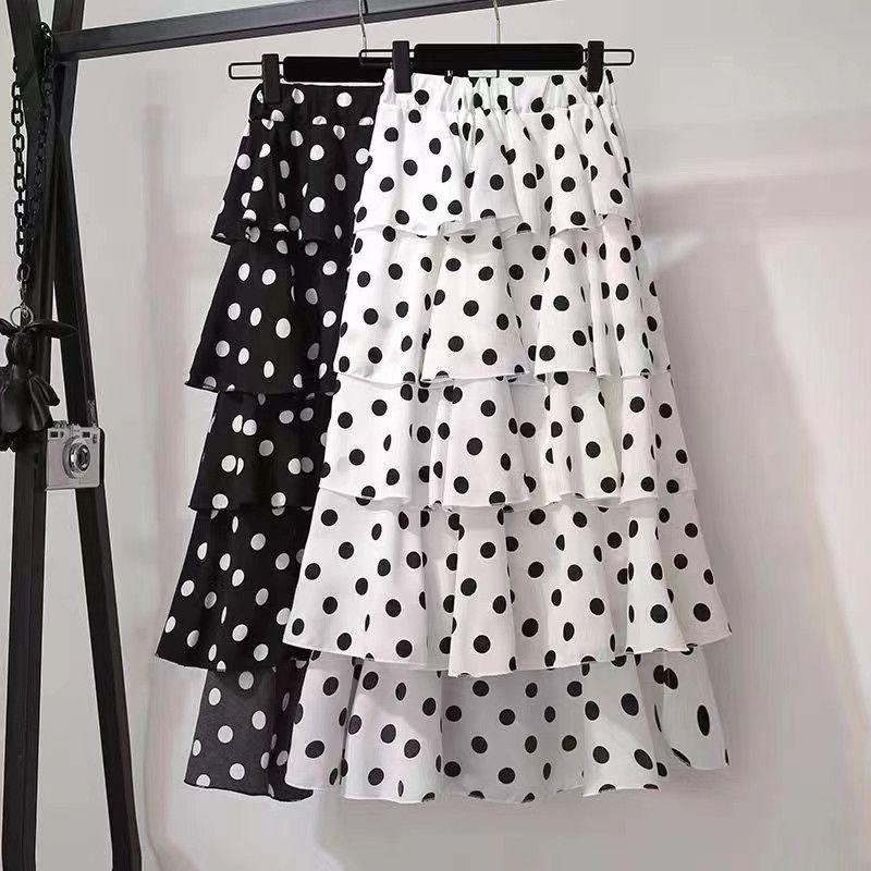 2026 Új fishtail szoknya pöttyös, midi hosszúságú, nyári chiffon, friss és édes stílus