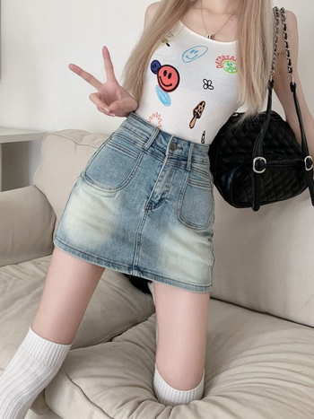 Vintage nyújtható denim miniszoknya nőknek, magas derekú karcsúsító fazon, világos lila mosás, rövid szoknya, átlátszatlan