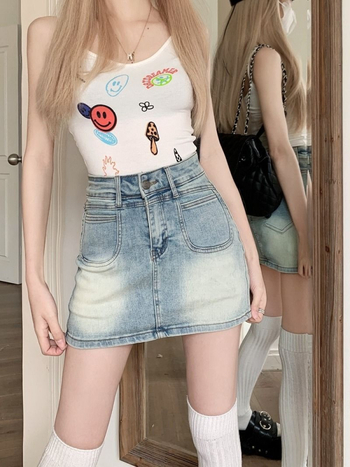 Vintage nyújtható denim miniszoknya nőknek, magas derekú karcsúsító fazon, világos lila mosás, rövid szoknya, átlátszatlan